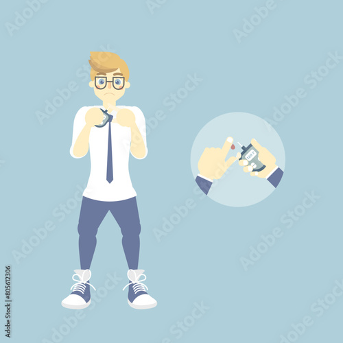 man doing diabetes blood sugar, glucose level testing, healthcare concept, flat character design clip art vector illustration cartoon