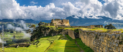 Ancient Inca ruins of Ingapirca in Ecuadorian Andes, showcasing stone structures and mountainous landscape. photo