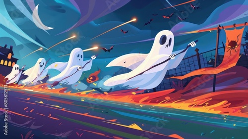 Halloween sports event with ghosts and skeletons participating in a nighttime broom race, wearing sporty capes and flying past haunted banners photo