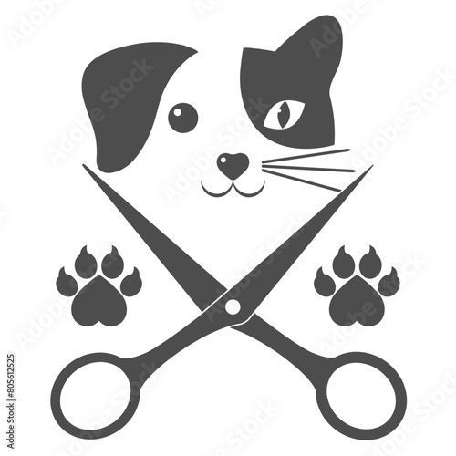 Cute dog and cat with scissor and paws on a white background.