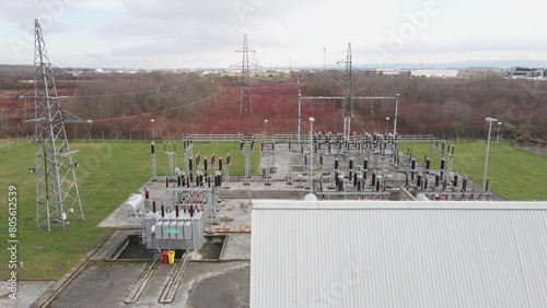 Aerial view of an electrical substation with numerous transformers for transmitting electric energy