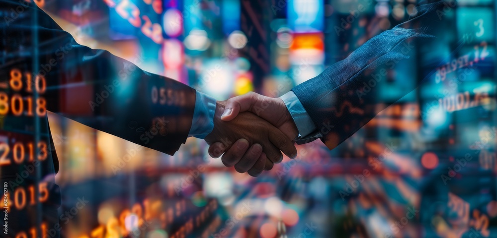 Businessmen handshake on a blurred stock market background in a double exposure.