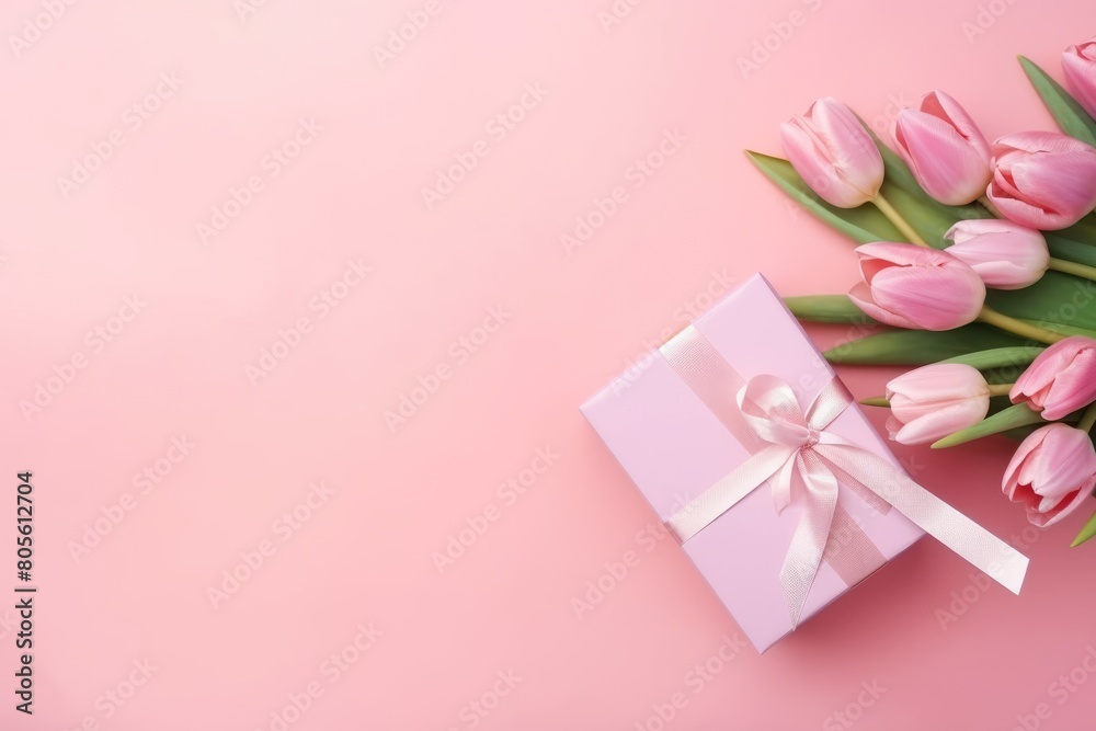 A pastel pink Valentine's Day gift box surrounded by fresh pink tulips on a gentle pink background.