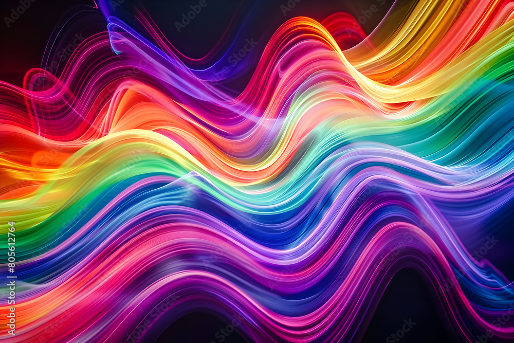 Hypnotic neon waves in a rainbow of colors flowing across the canvas. Captivating artwork on black background.