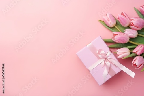 A pastel pink Valentine's Day gift box surrounded by fresh pink tulips on a gentle pink background.