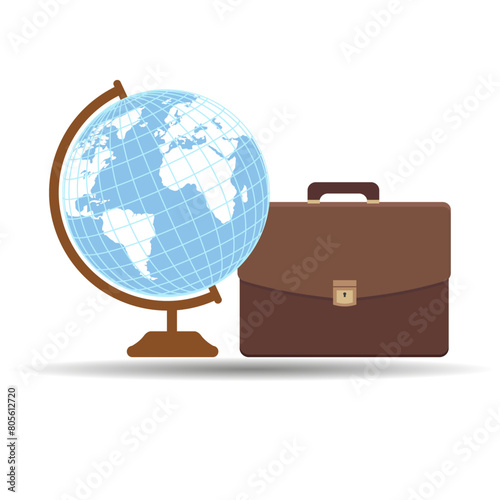 Illustration of a brown briefcase and a globe on a white background.