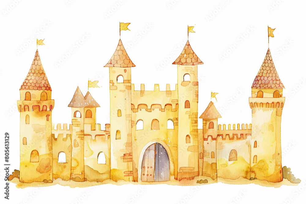 Warm golden watercolor castle with multiple towers and arched entryway set against a plain background