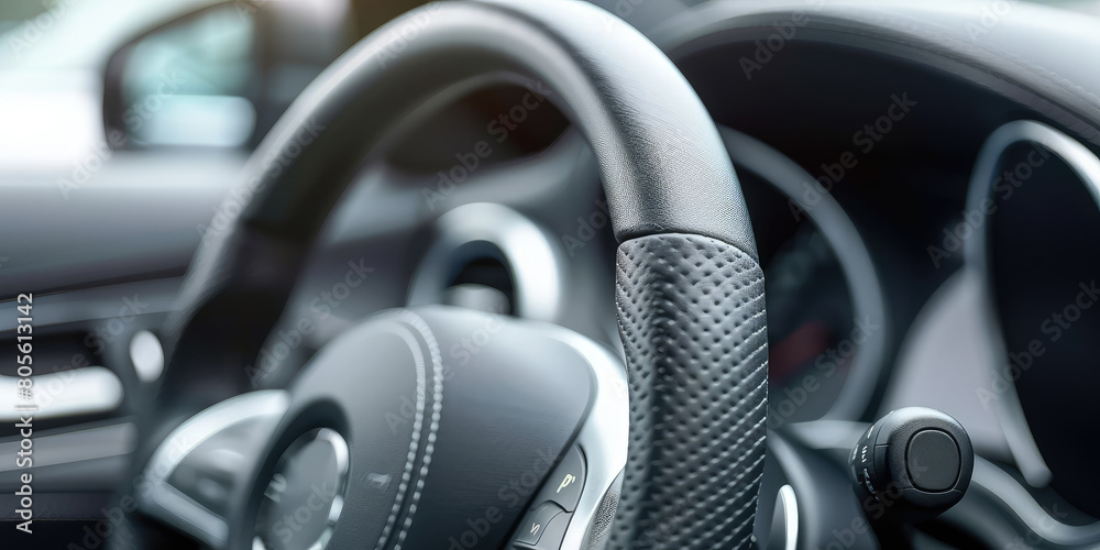 Close-up of the smooth leather surface of the car steering wheel in the passenger compartment. Close-up of the smooth leather surface of the car steering wheel in the passenger compartment.