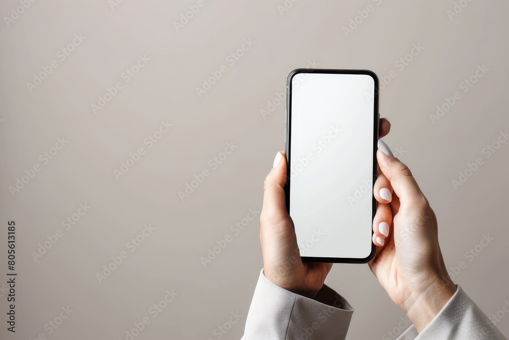 Close up of a woman's hand holding a smartphone with a blank white screen isolated on a light background, a mockup for a mobile app or website design template.