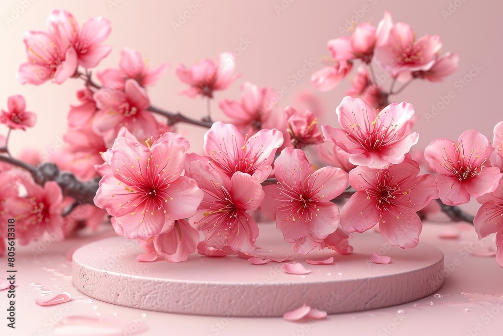 Close-up 3D rendered image of cherry blossoms on a textured podium with a pink background