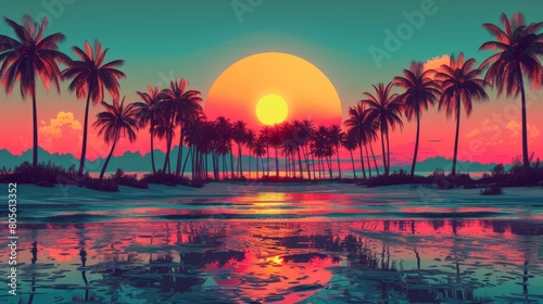 tropical sunset art, a sunset beach painting with palm trees, capturing vibrant colors of sky, water, and dusks afterglow in a natural setting © Aliaksandra