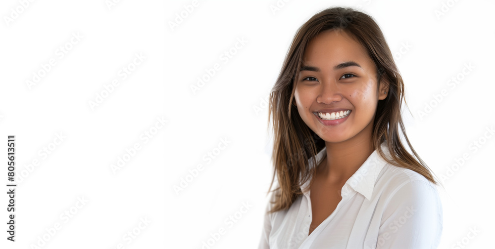 Smiling asian brunette with white teeth, wearing a white shirt. Flat lay portrait in front of a white wall Smiling asian brunette with white teeth, wearing a white shirt. Flat lay portrait in front of a white wall