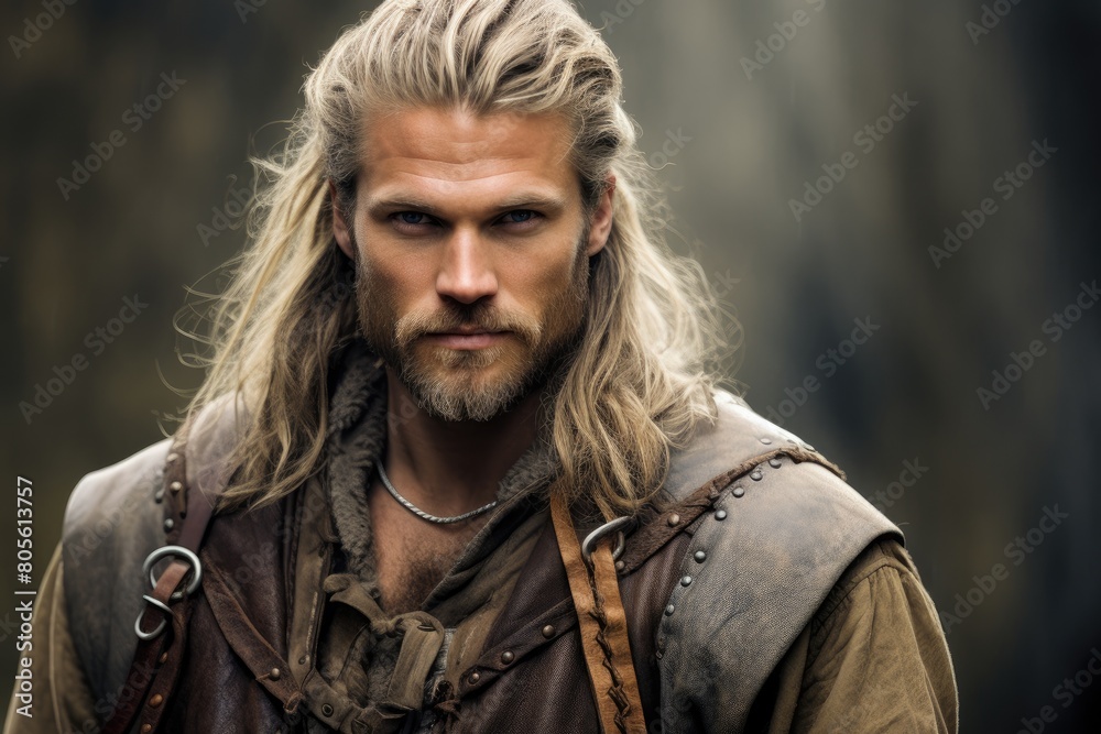 Rugged adventurer with long blonde hair and beard