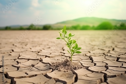 A young plant sprouting through cracked, dry ground, symbolizing new life and hope in harsh conditions. New Life Emerging from Drought-Stricken Soil