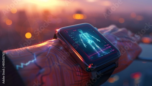 Close up of smart watch with digital human body scan on screen, sunset background, futuristic style, hyper realistic photography. photo