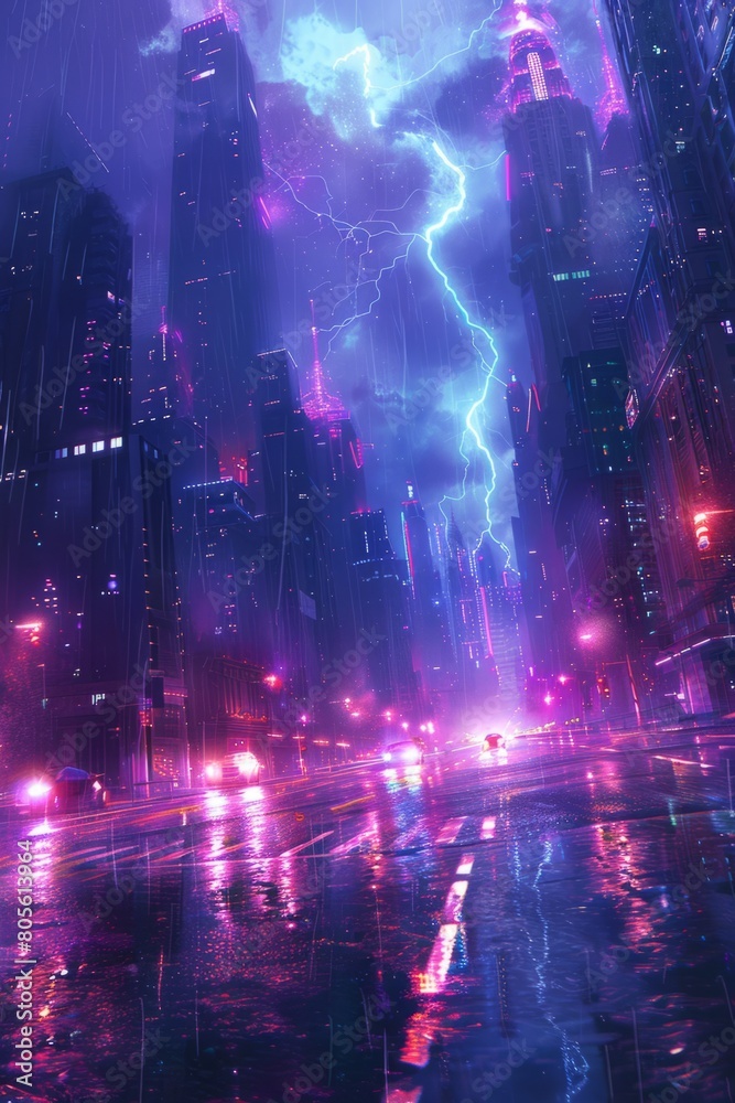 urban nightscapes, at night, the city glowed with a purple hue, accentuated by a flash of lightning, tall skyscrapers pierced through pink clouds, creating a mesmerizing sight