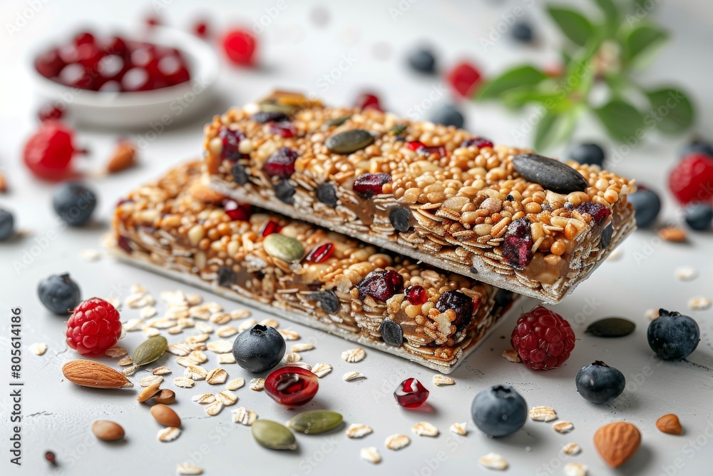 Delicious and healthy granola bars with a mixture of nuts, seeds, and dried berries on a white background, perfect for a snack Delicious and healthy granola bars with a mixture of nuts, seeds, and dried berries on a white background, perfect for a snack