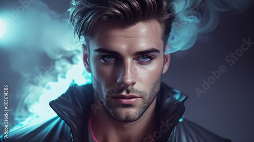 portrait of a man  neon  lights  dramatic  background  fashion 