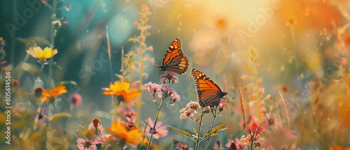 Beautiful monarch butterflies gracefully flying through a vibrant field of colorful wildflowers on a sunny day. © Szalai