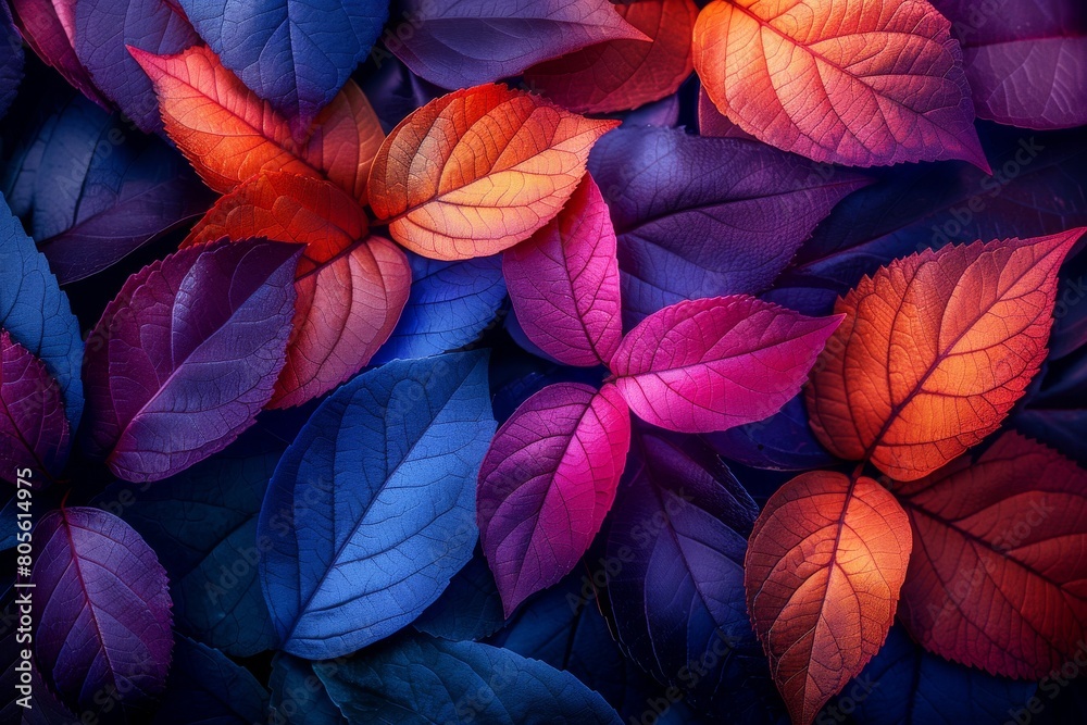 A close-up photograph showcasing vibrant leaves with a rich palette ranging from blue to red, reflecting nature's diversity