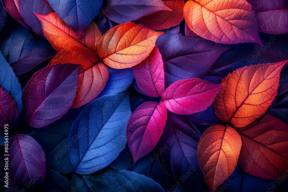A close-up photograph showcasing vibrant leaves with a rich palette ranging from blue to red, reflecting nature's diversity A close-up photograph showcasing vibrant leaves with a rich palette ranging from blue to red, reflecting nature's diversity