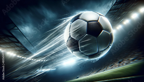 dynamic soccer ball flies towards the goal in the stadium, Generative Ai