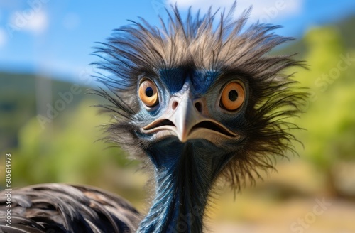 Closeup of a curious emu with vibrant feathers and large eyes