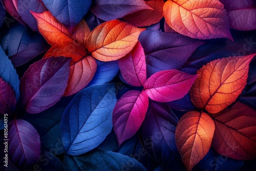 A close-up photograph showcasing vibrant leaves with a rich palette ranging from blue to red, reflecting nature's diversity