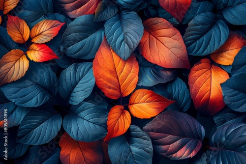 Wallpaper Mural Densely packed leaves with blue and orange tones dominate the frame, offering an artistic portrayal of nature's beauty Torontodigital.ca