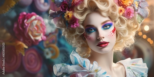 Glamorous woman with floral headpiece and colorful makeup