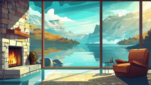 An unobstructed view of a crystalclear lake serves as the backdrop for the elegant fireplace creating a serene haven for relaxation and contemplation. 2d flat cartoon photo