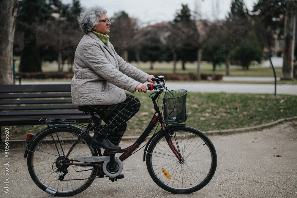 Mature woman enjoying her retirement with a leisurely bicycle ride in a serene park setting.