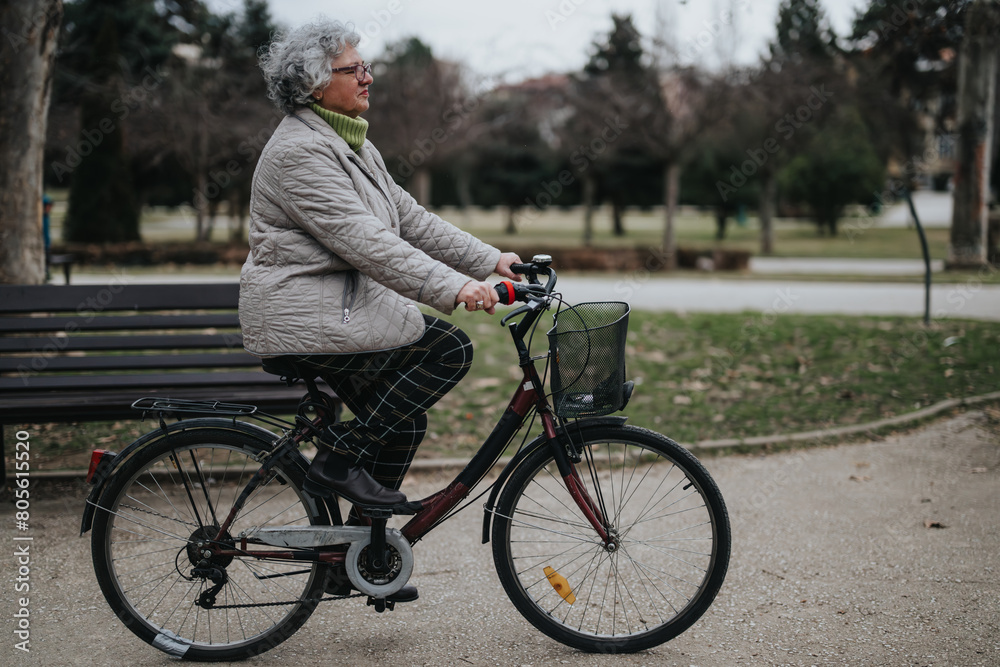 Mature woman enjoying her retirement with a leisurely bicycle ride in a serene park setting. Mature woman enjoying her retirement with a leisurely bicycle ride in a serene park setting.