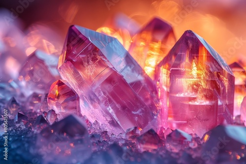 Vibrant image of several quartz crystals glowing with a fiery light against a deep red backdrop