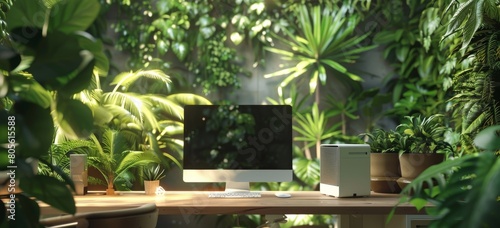 Ecofriendly office space with a computer, green plants and natural light. A modern designed desk with a digital display in the background. A sustainable work environment concept.