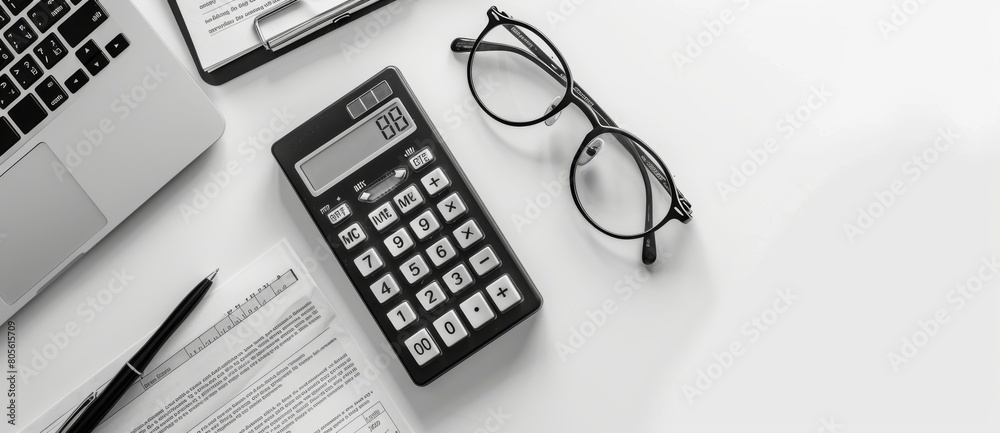 Flat lay of an office desk with calculator, glasses and documents on a white background. Flat lay of an office desk with calculator, glasses and documents on a white background.