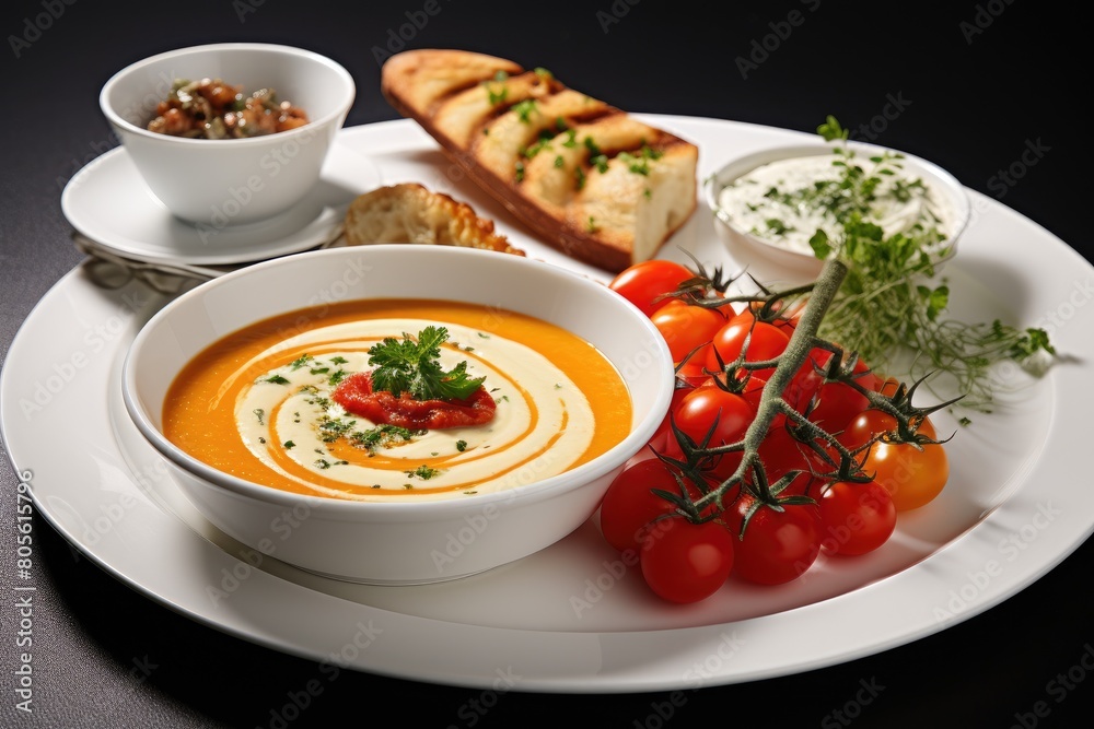 Delicious homemade tomato soup with fresh bread and garnishes Delicious homemade tomato soup with fresh bread and garnishes