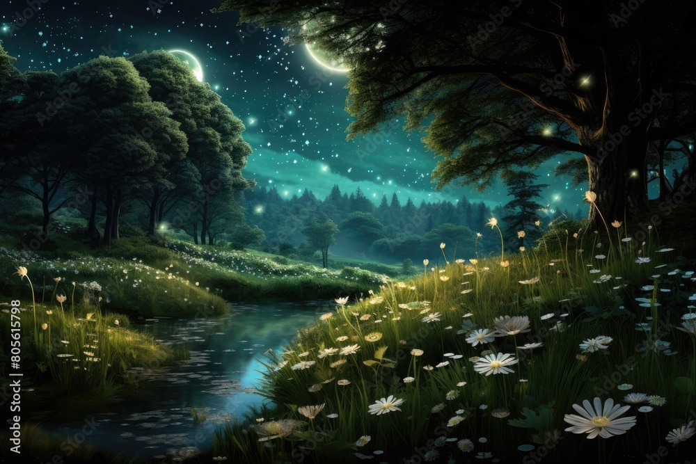 Enchanted forest landscape with glowing fireflies and full moon