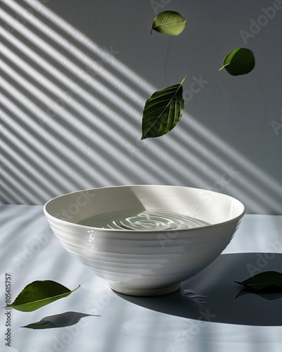 a bowl of water is on a table with leaves falling off the bowl