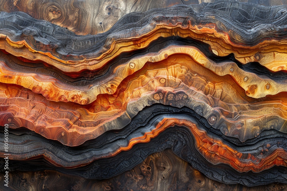 Showcasing a wooden texture with elegant wavy multicolored layers that resemble a geological formation