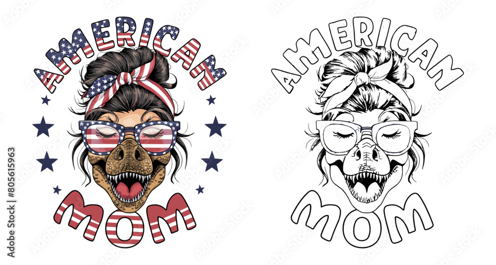 Fototapeta premium 2024 4th of july independence day mother vector design, messy bun hair mama illustrastion, american mom