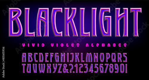 Blacklight is a deco style alphabet in the violet, purple, and magenta color range. Deco style appropriate for 80s and 90s nightclub vibe. photo