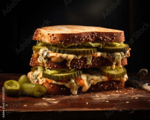 Delicious grilled cheese sandwich with pickles