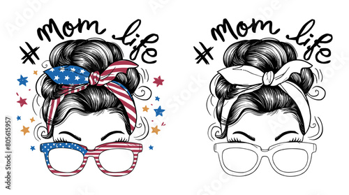 2024 4th of july independence day mother vector design, messy bun hair mama illustrastion, momlife
