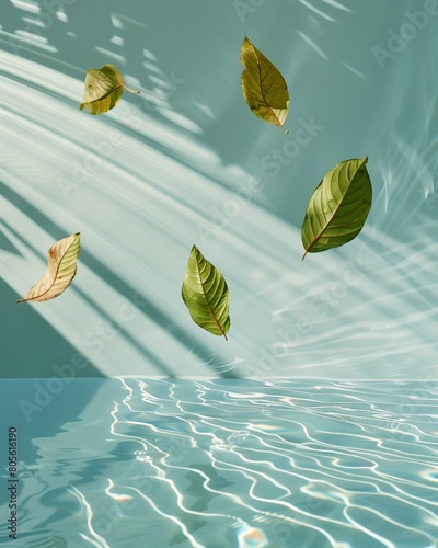 leaves floating in the water with a reflection of the sun behind them (ID: 805616190)