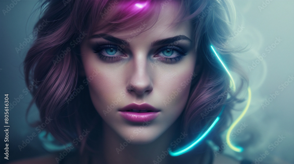 portrait of a woman, neon, lights, dramatic, background, fashion 