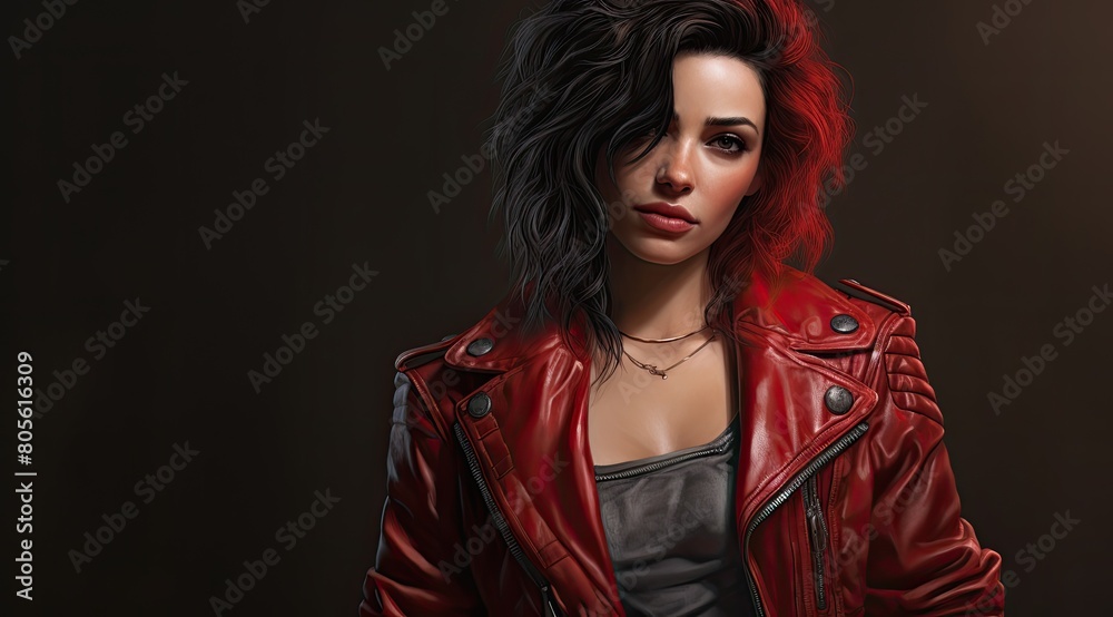 Fototapeta premium Fierce and Fashionable Woman in Red Leather Jacket