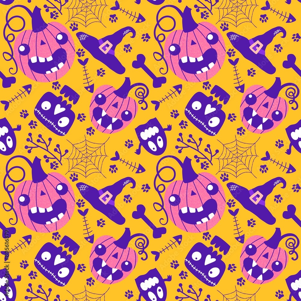 Cartoon Halloween pumpkins seamless ghost and skulls and bones and web and witch hat pattern Cartoon Halloween pumpkins seamless ghost and skulls and bones and web and witch hat pattern