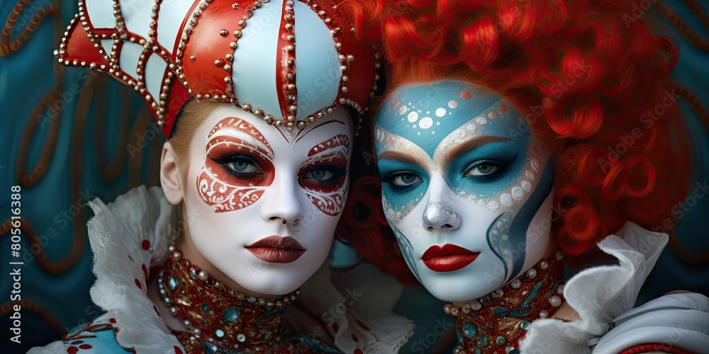 Vibrant costumed figures with intricate masks and makeup