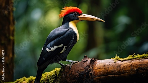 Colorful hornbill bird perched on log in forest